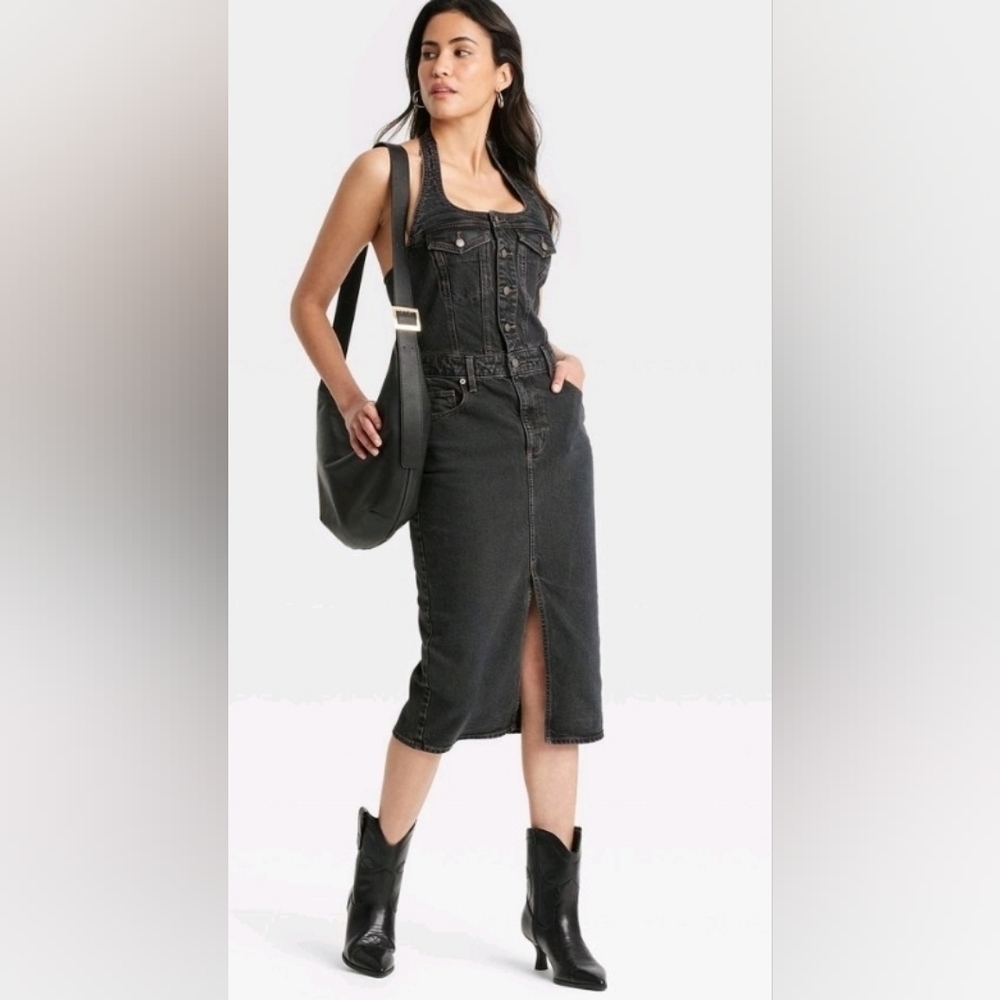 224h. Universal Thread Black Denim Halter Jumpsuit Dress Size 12